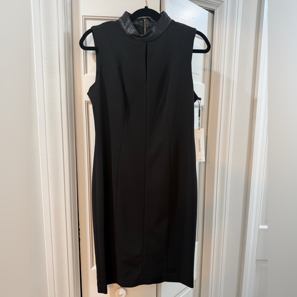 NWT Calvin Klein Black Midi Dress with Leather and Gold Accents
